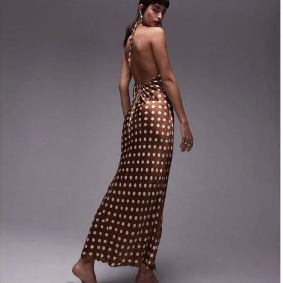 Topshop Dresses & Skirts - Topshop Brown Polka Dot Halter Maxi Dress